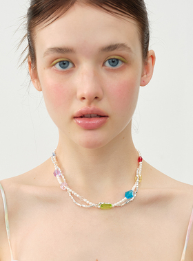 双层碎银子多彩水晶项链