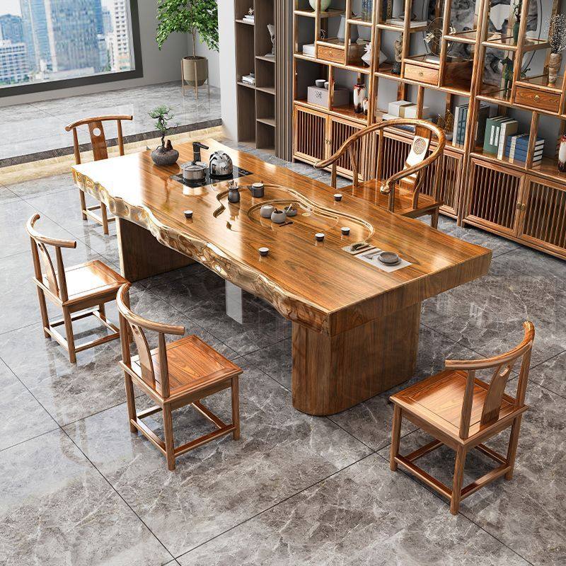 实木原木整板大板茶桌椅套装组合一桌五椅新中式茶几办公室泡茶台,住宅家具,根雕茶几,淘宝优惠券,粉丝福利购,淘宝优惠卷