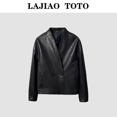 LAJIAO TOTO【克里斯汀】时尚休闲气质真皮女皮衣外套黑色#6068