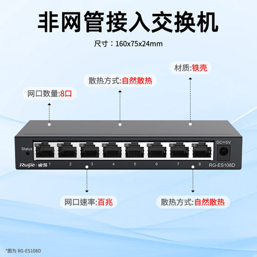 锐捷睿易交换机RG-ES108D 8口百兆 铁壳 非网管 家用学生宿舍 监控安防网络集线器