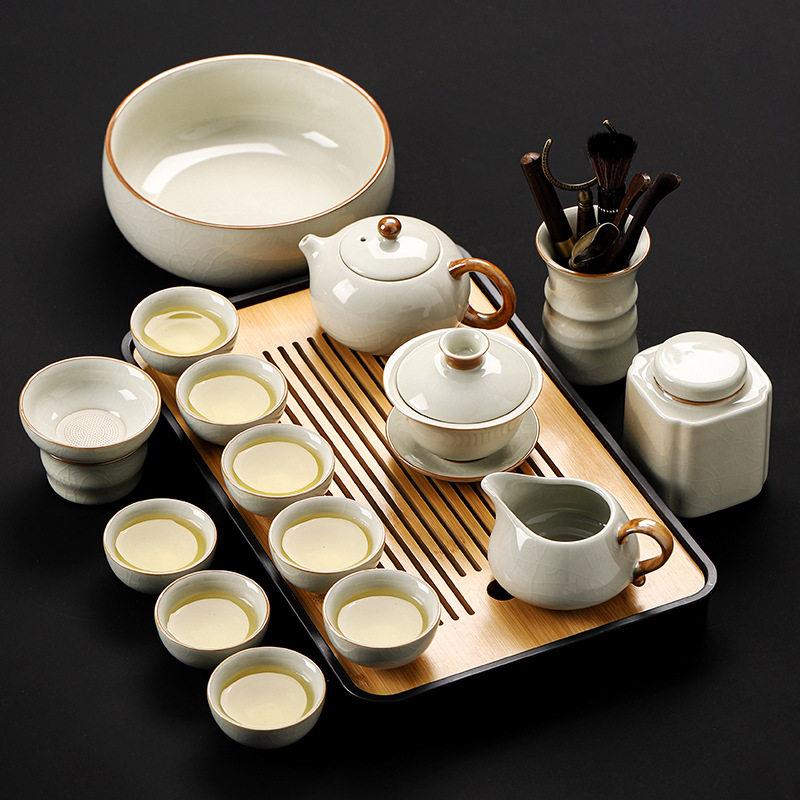 景德镇米黄汝窑功夫茶具套组家用新款开片茶壶办公高档泡茶喝茶