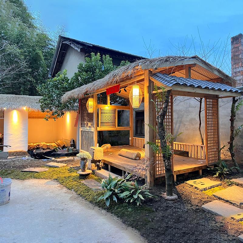 网红茅草木屋防腐木造景实木日式庭院茶室农村小院户外茅草凉亭