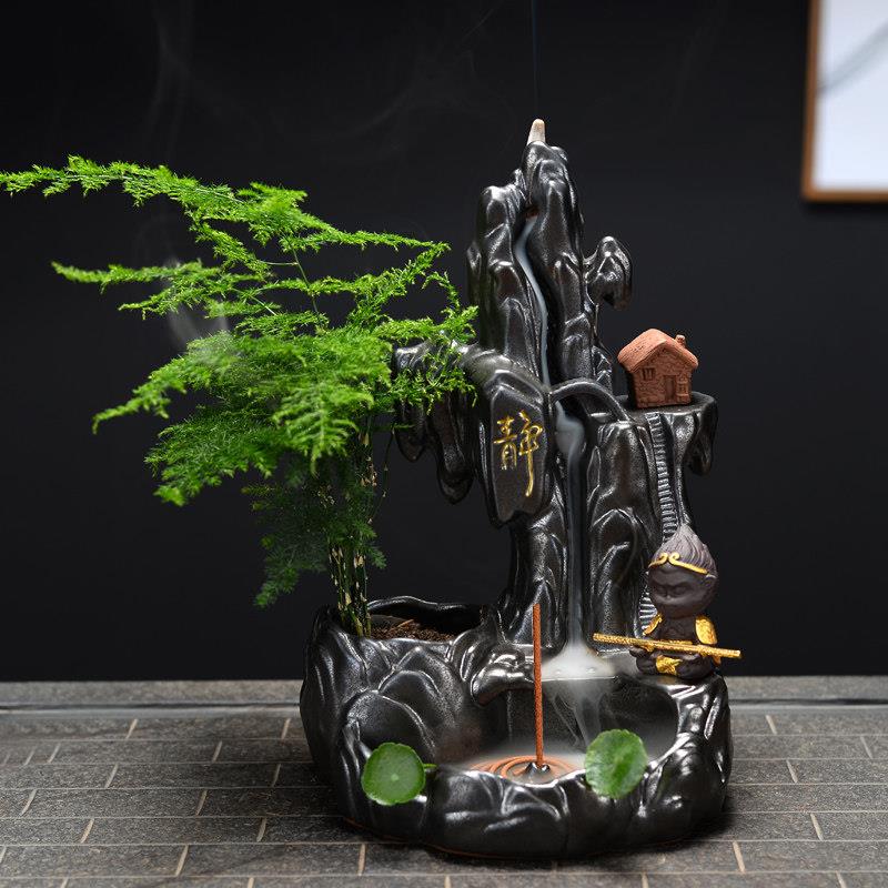 古风倒流香炉大号陶瓷高山流水檀香薰茶道文竹盆景观创意家用摆件