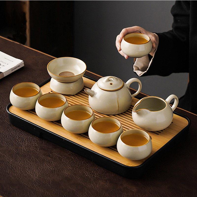 景德镇陶瓷茶具家用办公米黄汝窑开片可养功夫茶壶盖碗茶杯轻奢喝