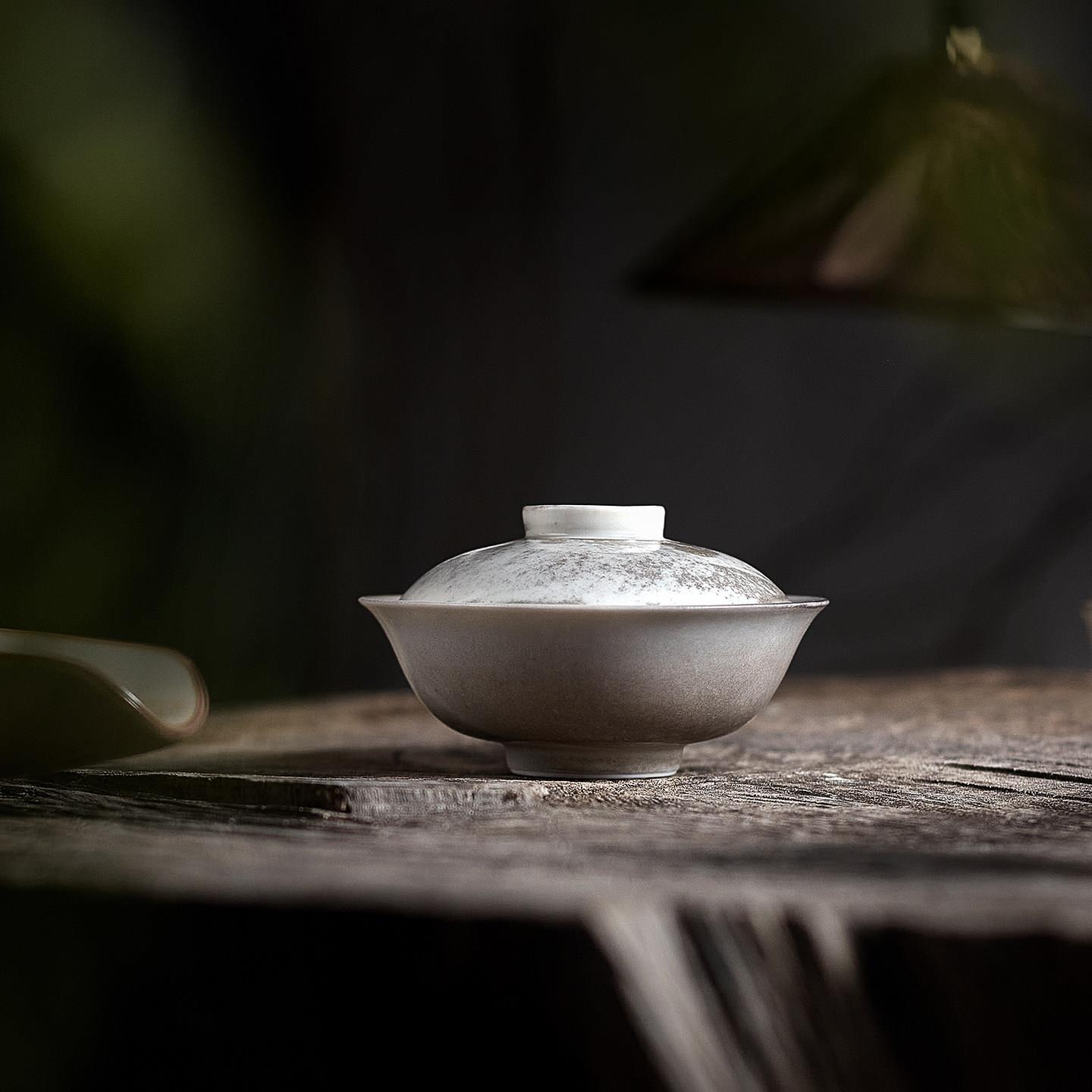 水墨白志野窑变陶瓷盖碗侘寂复古风一人家用手抓小碗壶承功夫茶具