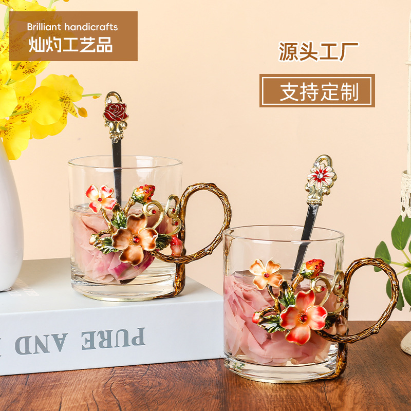 珐琅彩海棠花水晶玻璃水杯轻奢家用花茶杯高档精致Glass咖啡杯