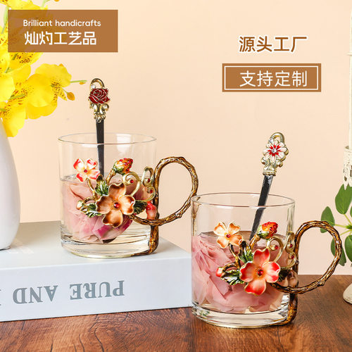 森以珐琅彩水晶玻璃花茶杯