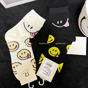 HR韩系秋冬女袜子笑脸满印中筒袜街头潮袜多巴胺可爱彩色网红潮袜