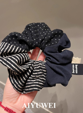 韩系设计感花纹拼接发圈质感布艺黑灰色头绳发饰不伤发大肠圈发绳