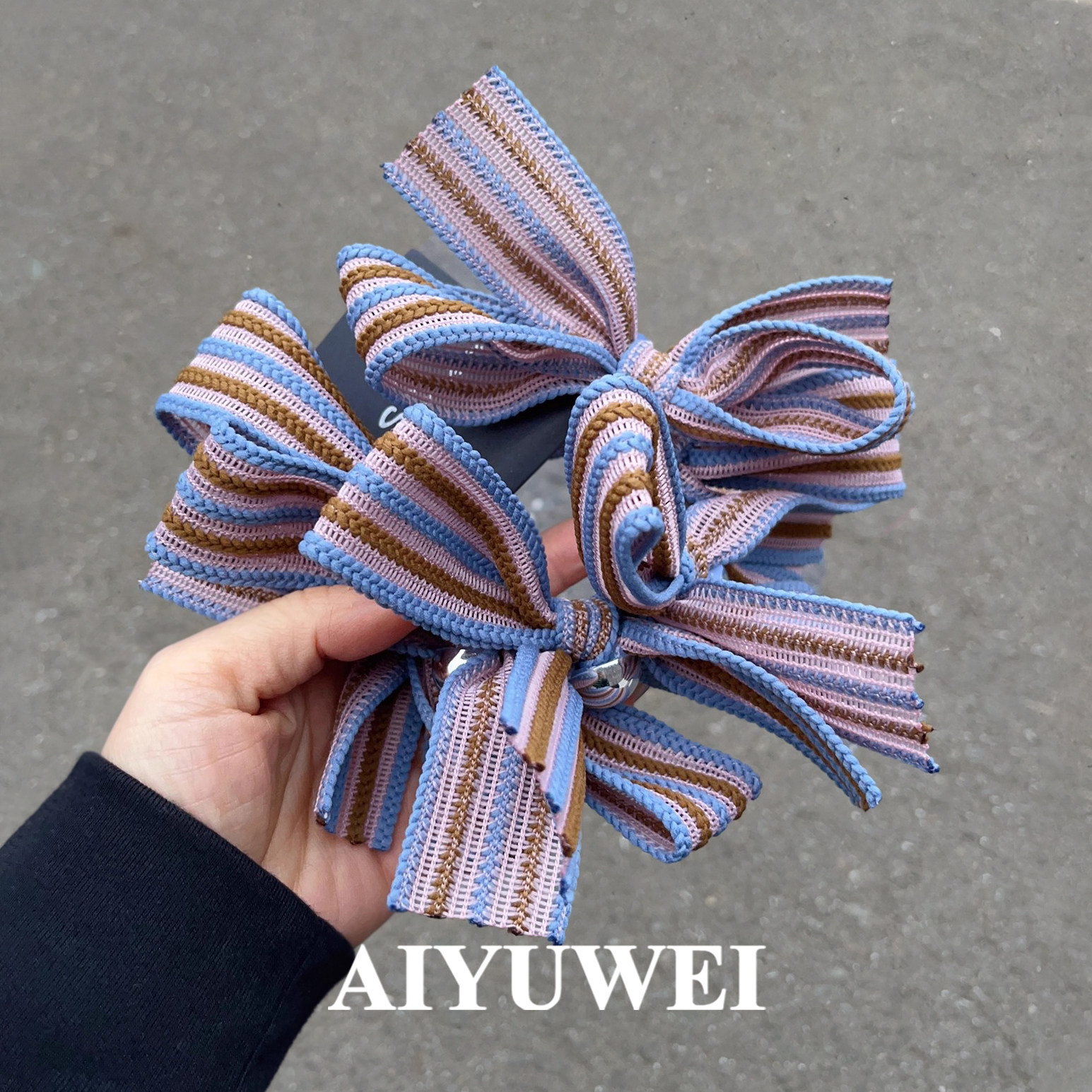 韩系粉蓝混色编织布艺发圈蝴蝶结银珠发绳头饰秋冬新款扎马尾头绳