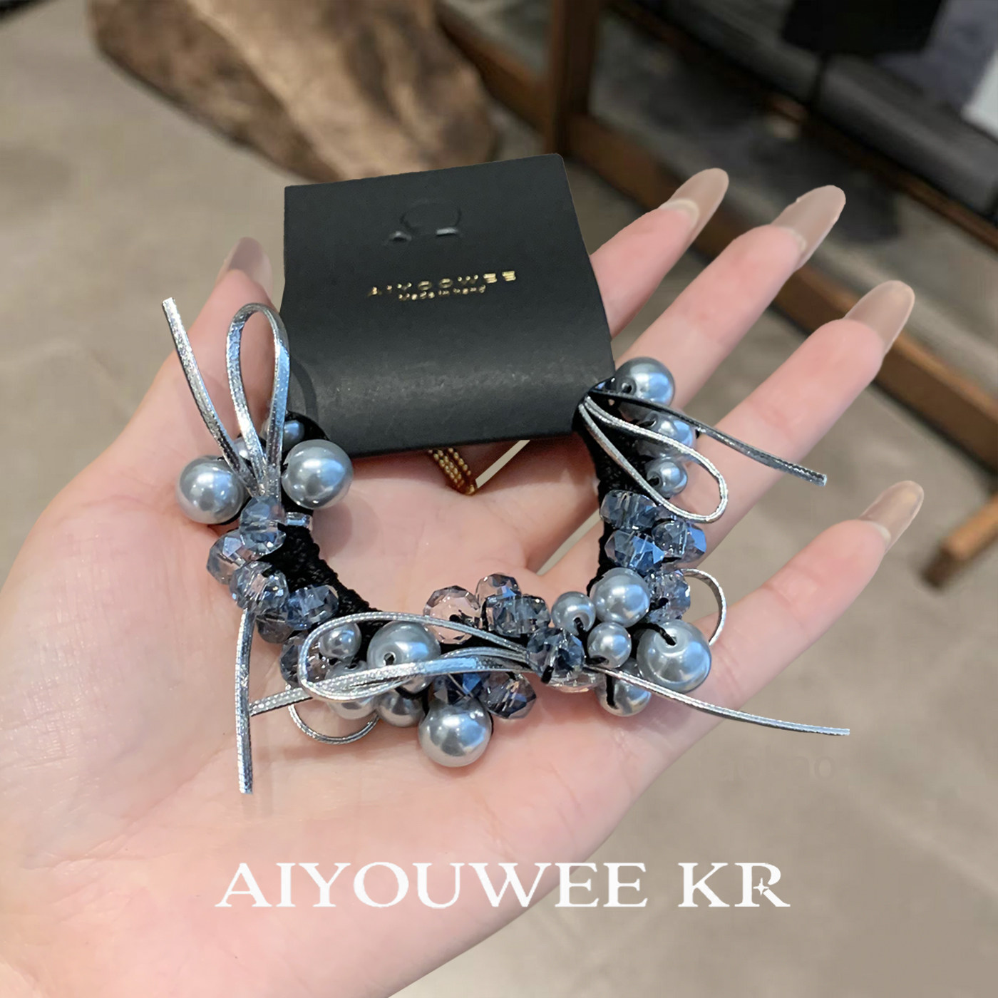 高级感蓝灰珍珠水晶发圈细丝带蝴蝶结高弹力扎发皮筋氛围感头绳