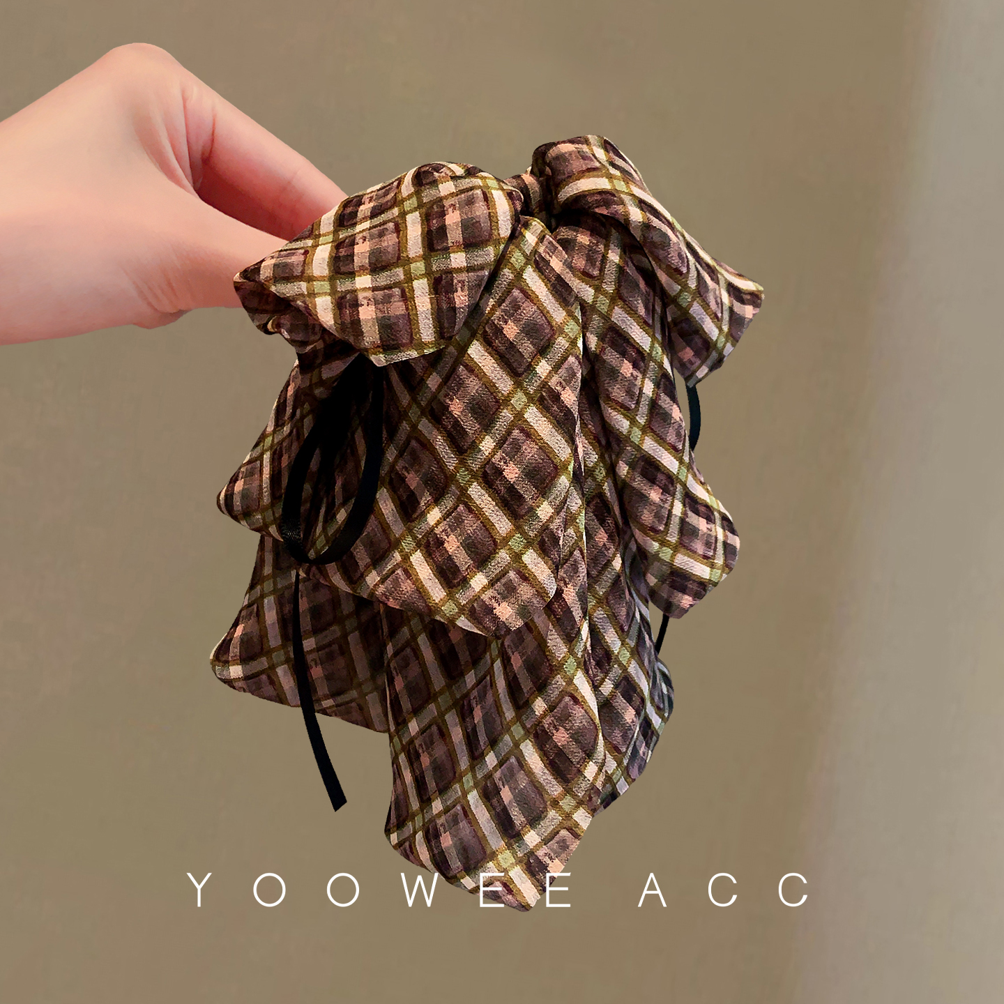 棕绿格纹薄纱蝴蝶结抓夹气质复古盘发夹2025新款后脑勺马尾夹发卡