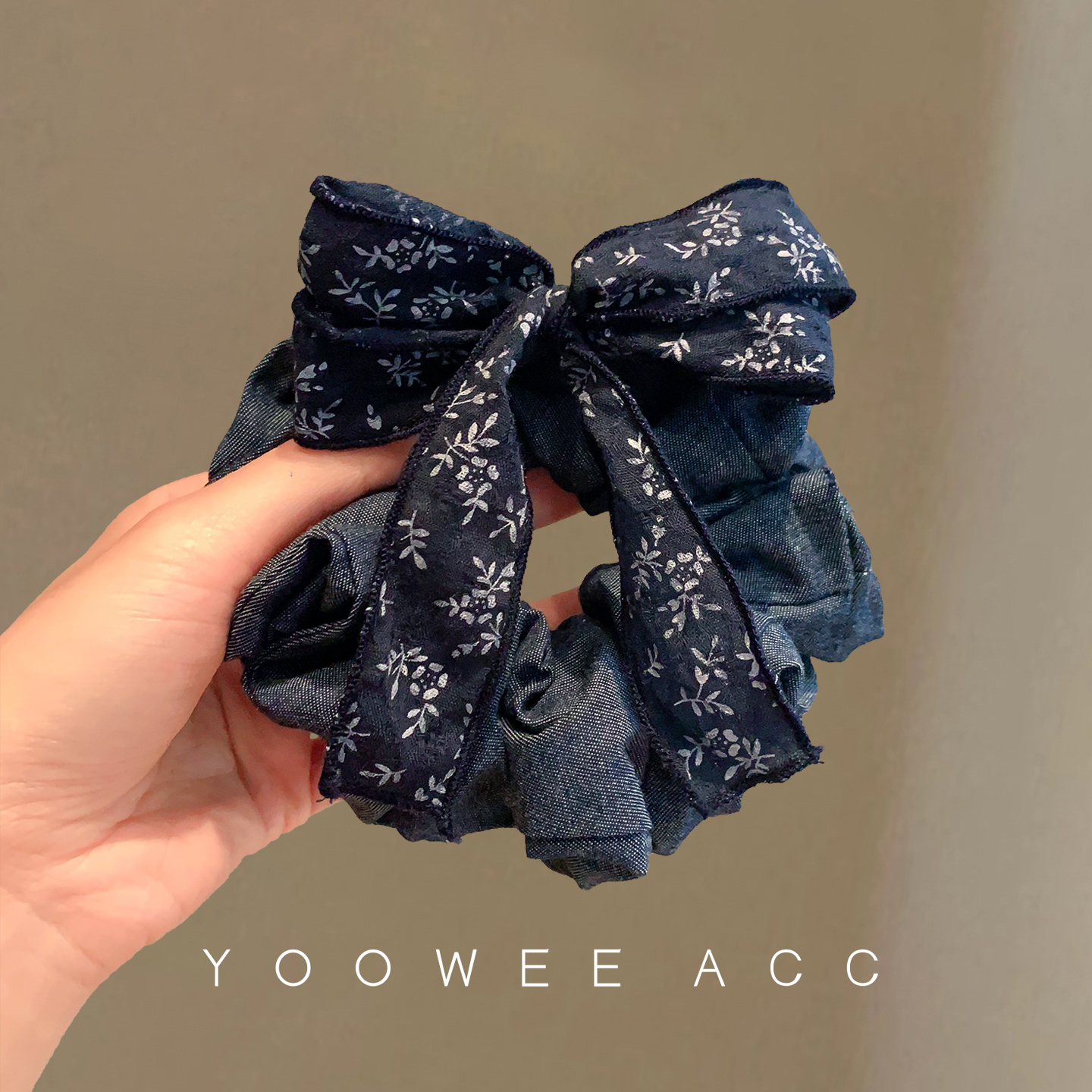 碎花蝴蝶结蓝牛仔发圈韩系气质肠圈品质扎马尾头绳2025新款发绳女