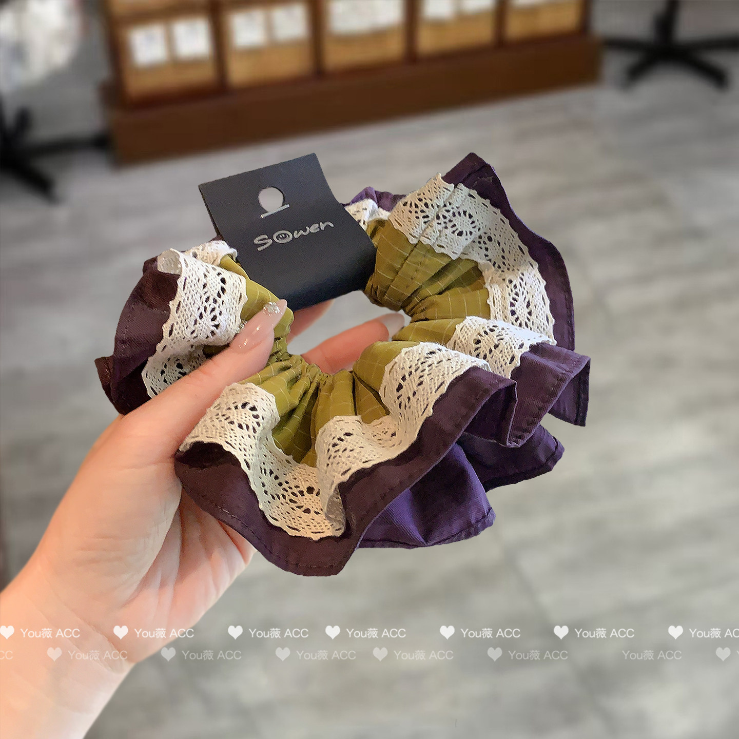 韩版高级感紫色混搭布艺发圈蕾丝花边发绳品质扎马尾肠圈新款头绳