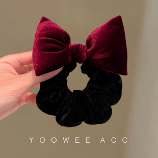 酒红色丝绒蝴蝶结发圈质感布艺肠圈复古气质淑女感头绳新款发绳女