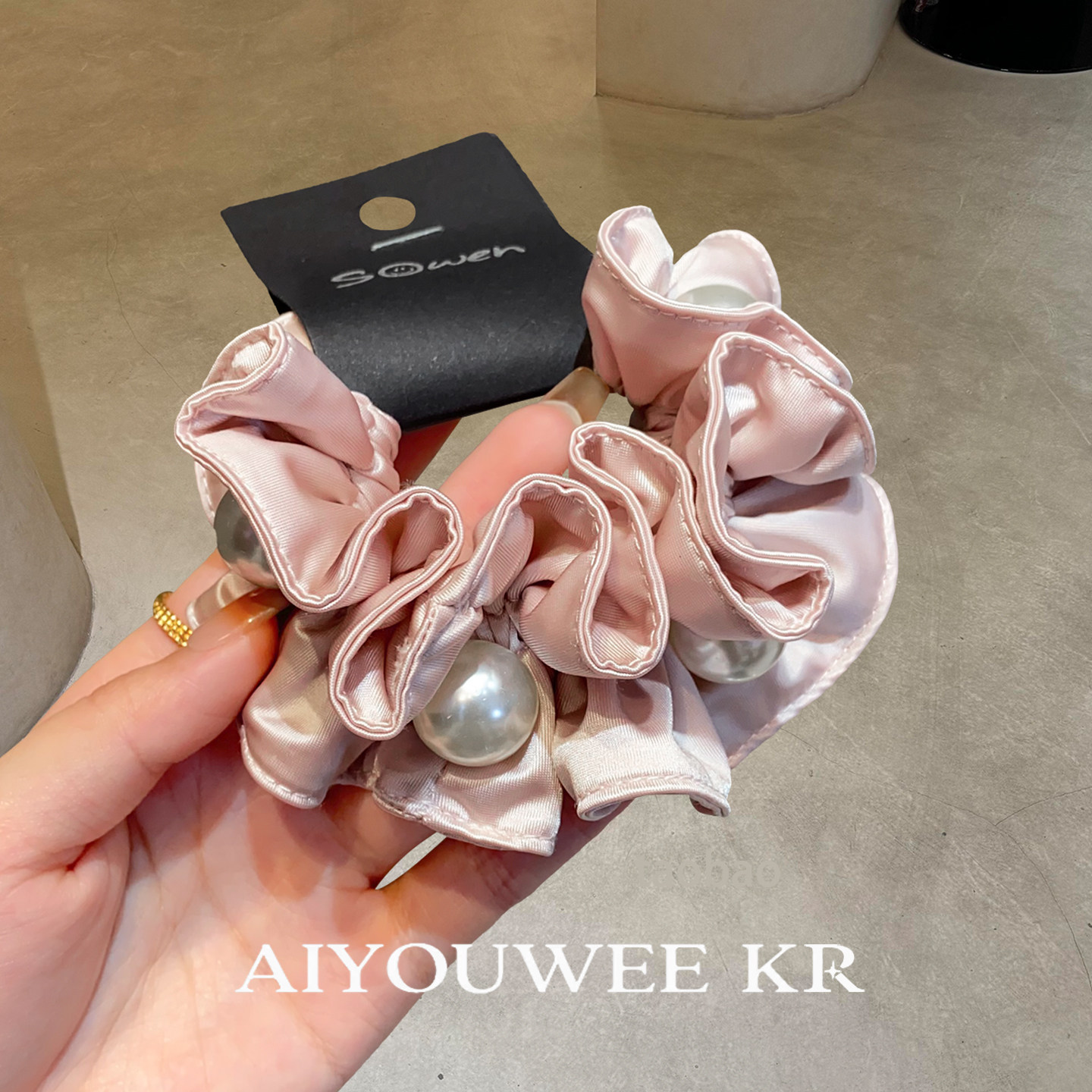 韩系新款粉色缎面珍珠发圈女简约气质扎头发丸子头发饰头花