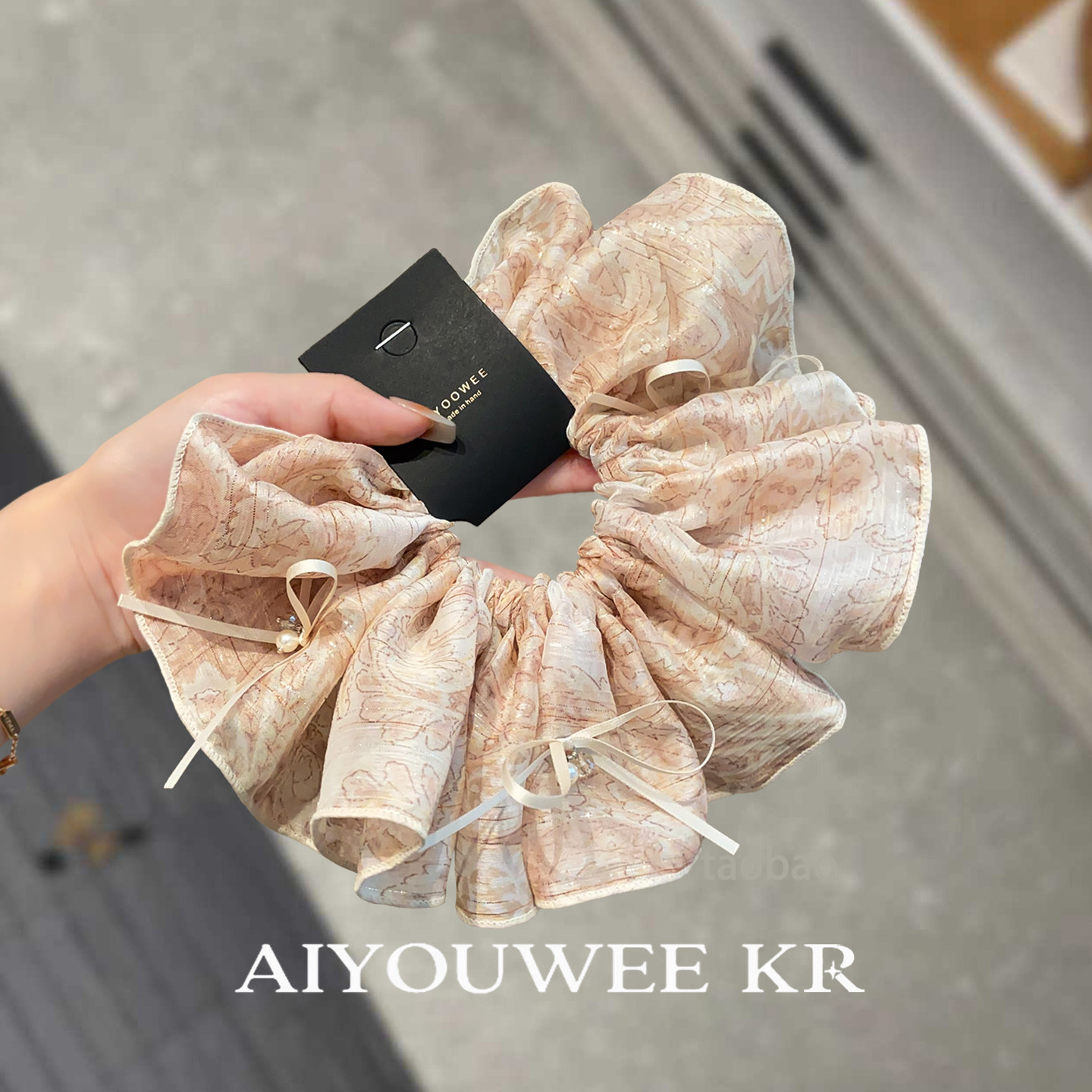 法式复古布艺蝴蝶结珍珠大肠发圈女时尚气质扎丸子头大号头绳发饰