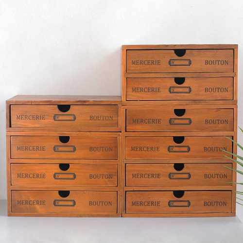 zakka复古木质收纳盒 办公室桌面4层抽屉式小柜子多功能收纳柜