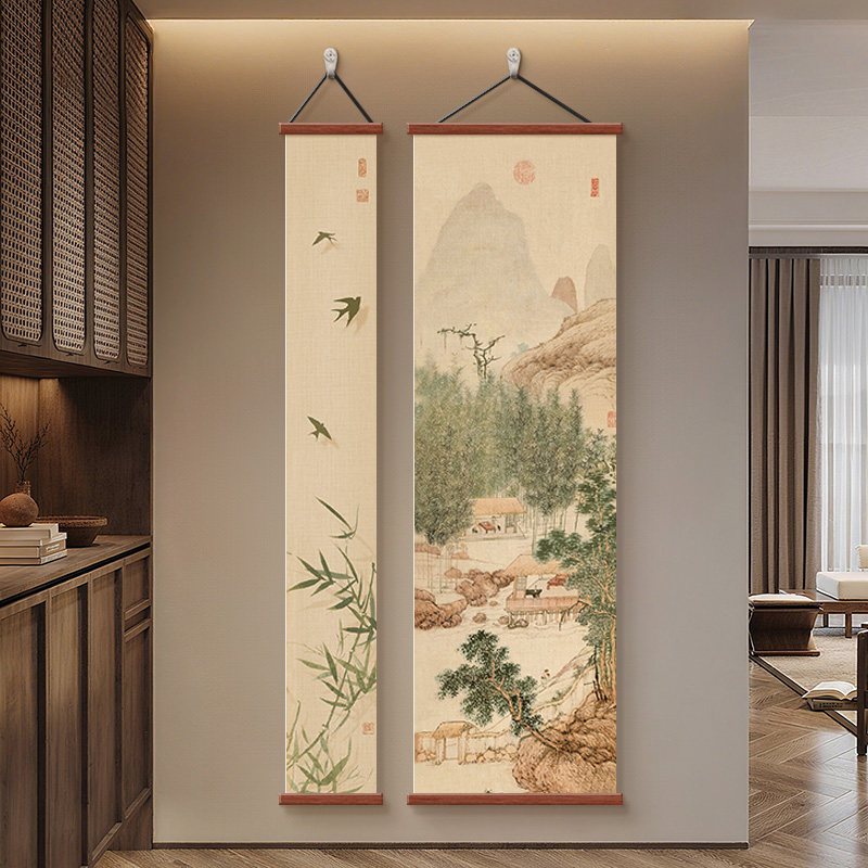 入户过道玄关装饰画新中式山水画挂画宋代美学办公室茶室双联壁画