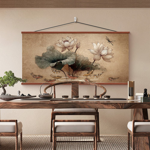 中式荷花蜻蜓复古客厅茶室挂画