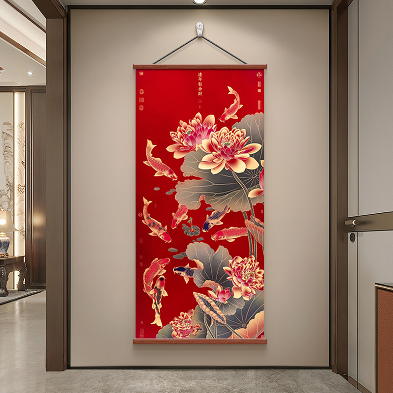 新中式入户玄关装饰画荷花九鱼图寓意好壁画客厅走廊过道招财壁画图片