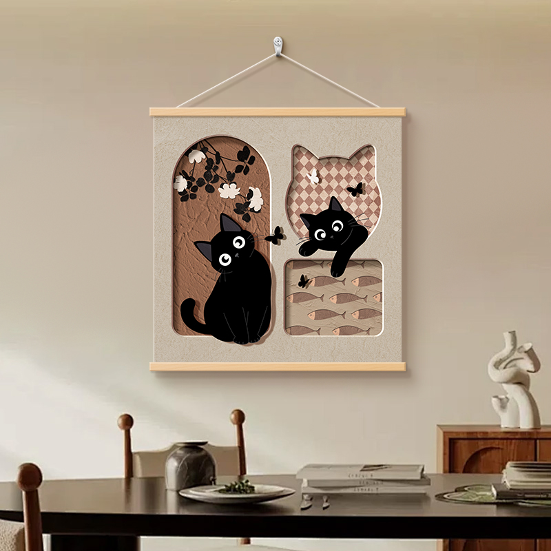 中古风喵咪免打孔电表箱装饰画