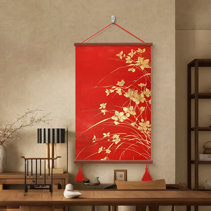 宋代美学竖版挂画新中式客厅背景墙玄关茶室壁画中国红莲花装饰画