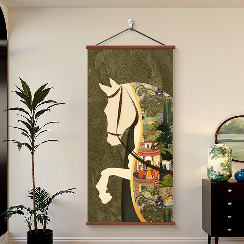 中古风马到成功玄关装饰画2026新款客厅入户走廊挂画办公室卷轴画