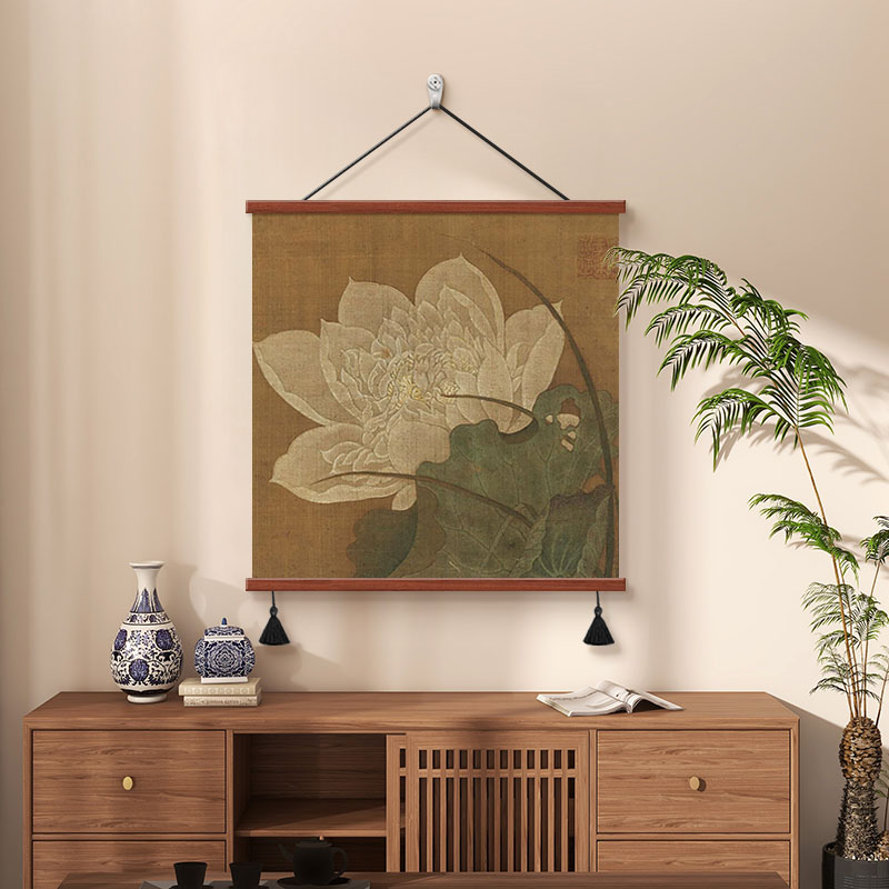 中式莲花挂画国风古典装饰画客厅进门玄关方形茶室背景墙禅意壁画图片