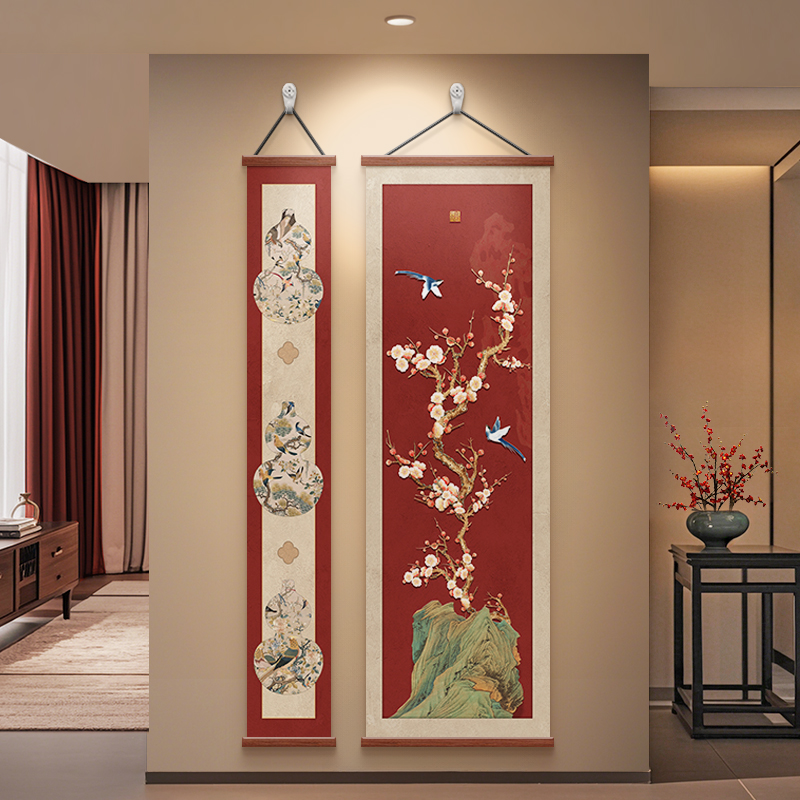 喜上眉梢玄关装饰画寓意好新中式葫芦壁画中国红花鸟走廊过道挂画