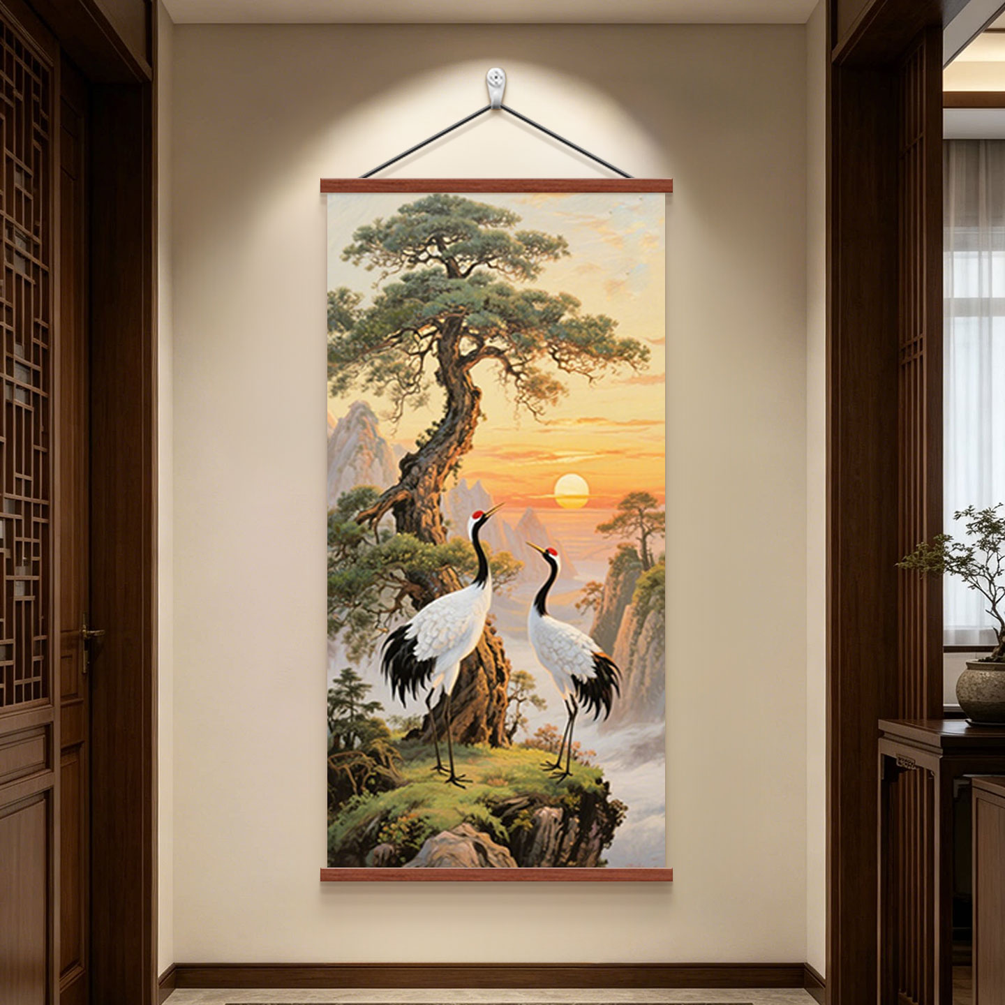 松鹤延年走廊过道玄关装饰画新中式客厅仙鹤图挂画国画办公室壁画