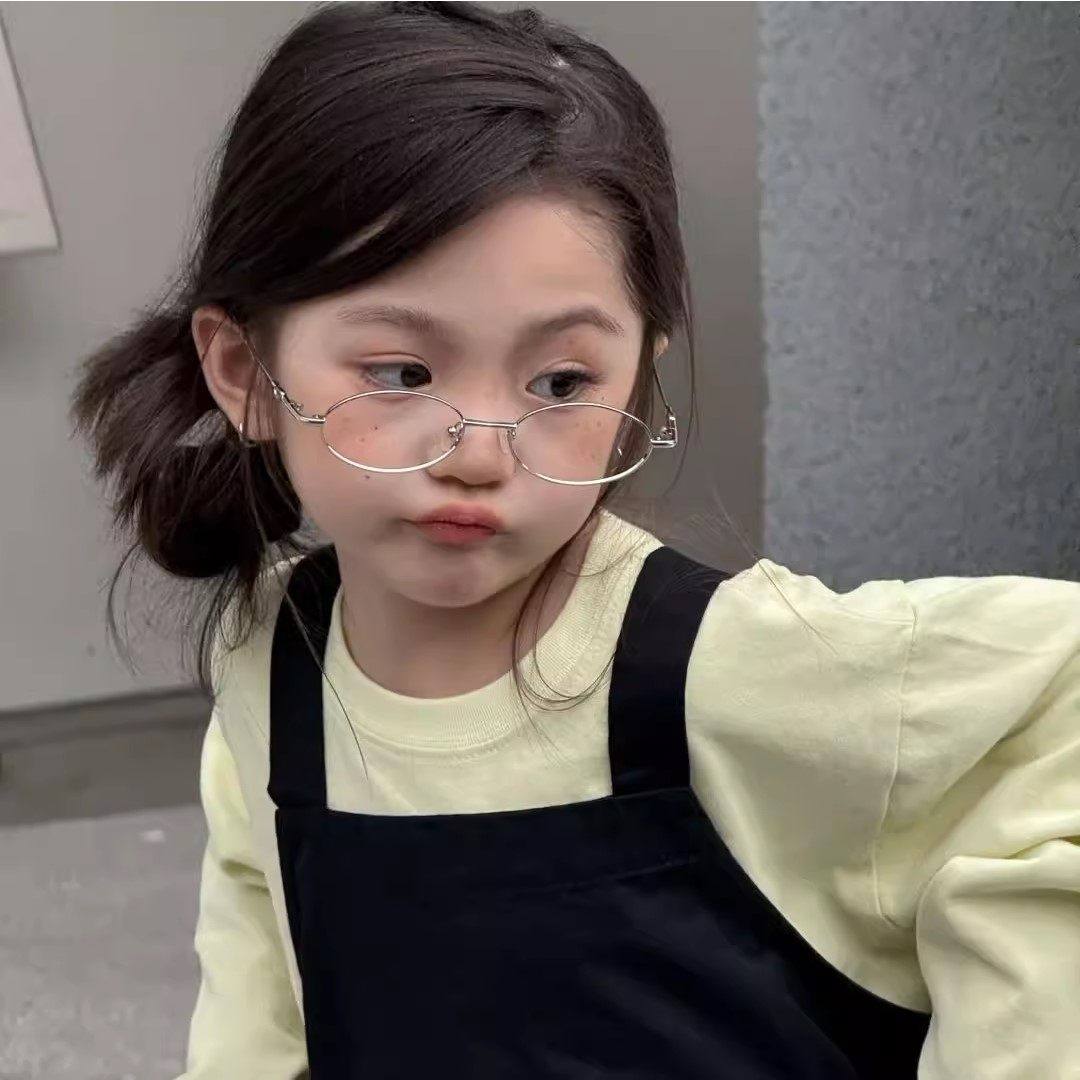 复古小框银丝书呆子眼镜女防蓝N光日系文艺潮椭圆框儿童拍照道具