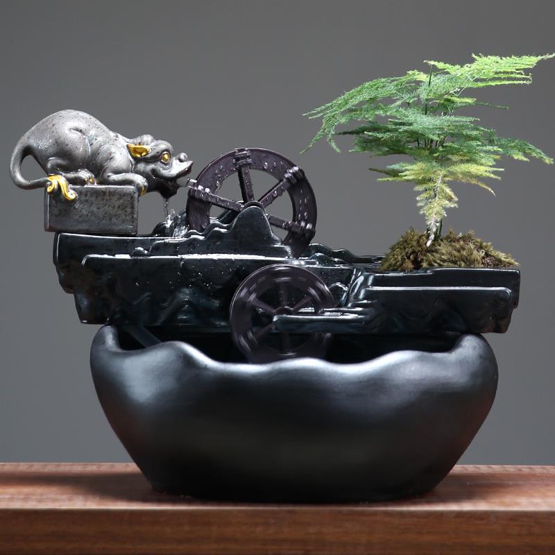 流水摆件循环水车客厅招财桌面加湿假山喷泉造景办公室生财风水轮