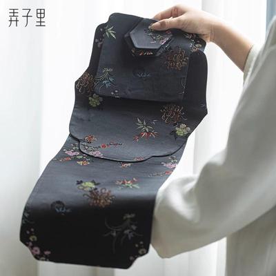 弄子里 黑色真丝花草纹 茶席/壶承垫/提梁带景德镇茶配件布艺零配
