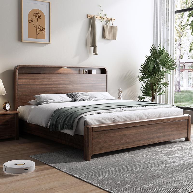 新中式胡桃木实木床双人床头收纳床硬床板加厚加粗床2米x2米2大床