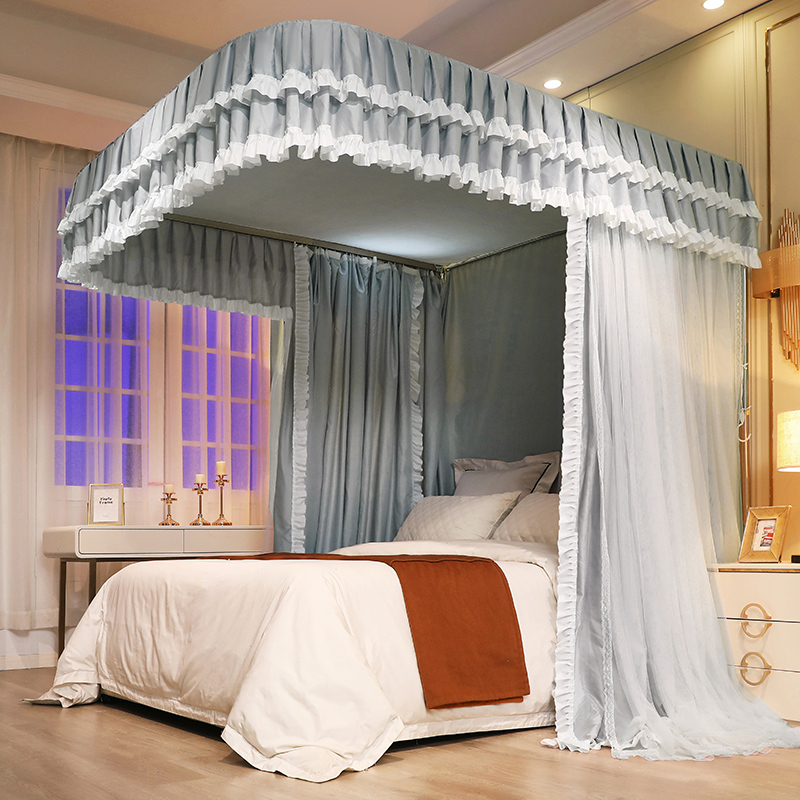 新款不锈钢导轨遮l光蚊帐双层三开门落地家用床幔防尘隐私挡风保