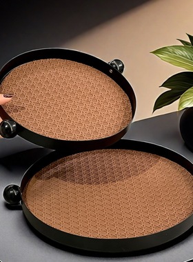 2025新款北欧风轻奢铁艺皮革装饰托盘客厅家居储物藤格纹皮革盘