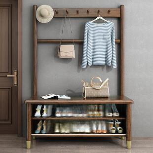 新中式入户鞋柜全实木换鞋凳家用门口一体可坐穿鞋凳多层带衣帽架
