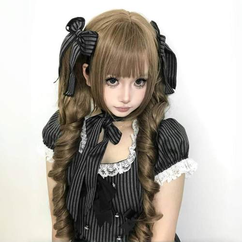 蜜茶棕罗马卷假发女lolita哥特风自然长卷发双马尾两件式彷真头套