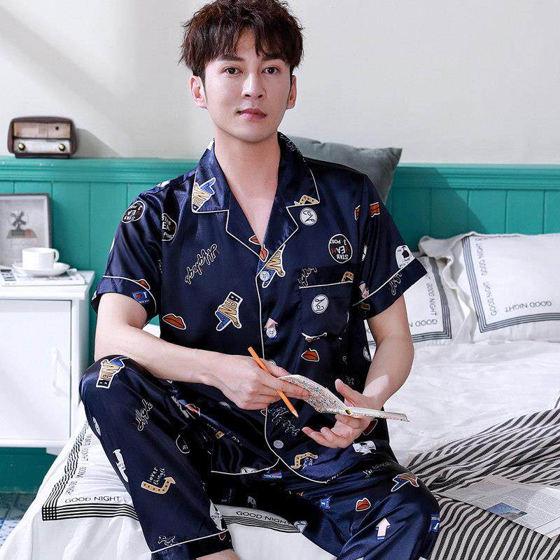 男士睡衣夏季薄款冰丝家居服男款丝质短袖长裤卡通丝绸加大码套装