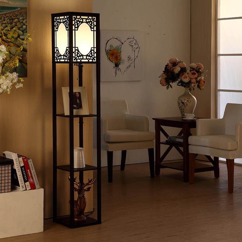 新中式落地灯客厅现代简约木质卧室立式台灯置物架灯装饰乔迁送礼