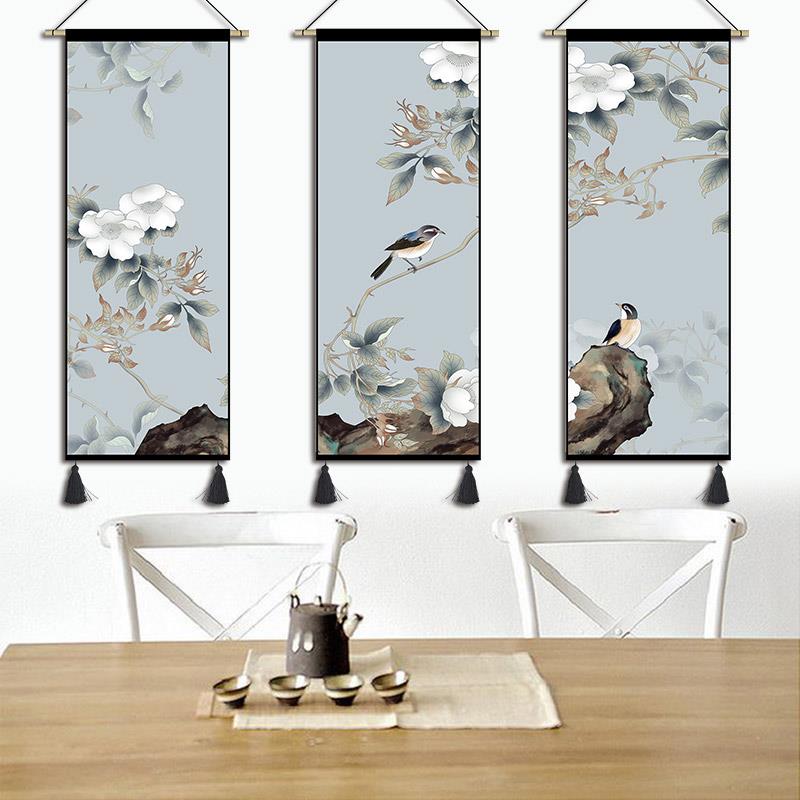 现代中式花鸟布艺挂画 画卧室书房装饰画 画背景墙挂布饭厅玄关挂图片