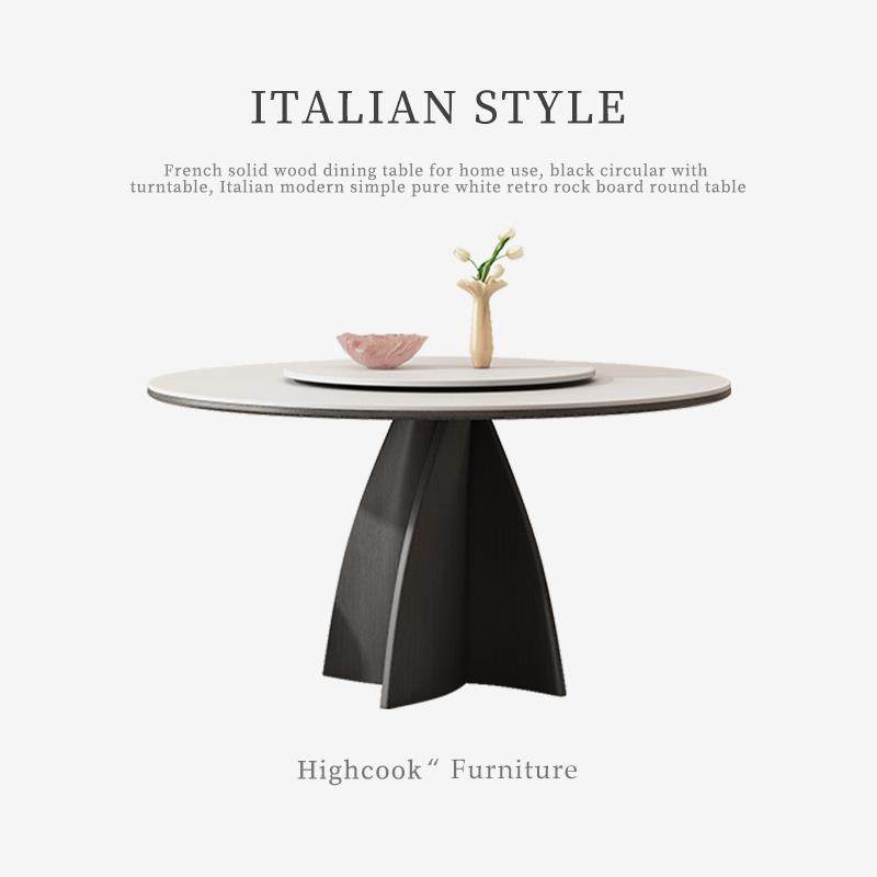 法式实木餐桌家用黑色圆形带转盘意式现代简约纯白复古岩板圆桌,住宅家具,岩板餐桌,淘宝优惠券,粉丝福利购,淘宝优惠卷