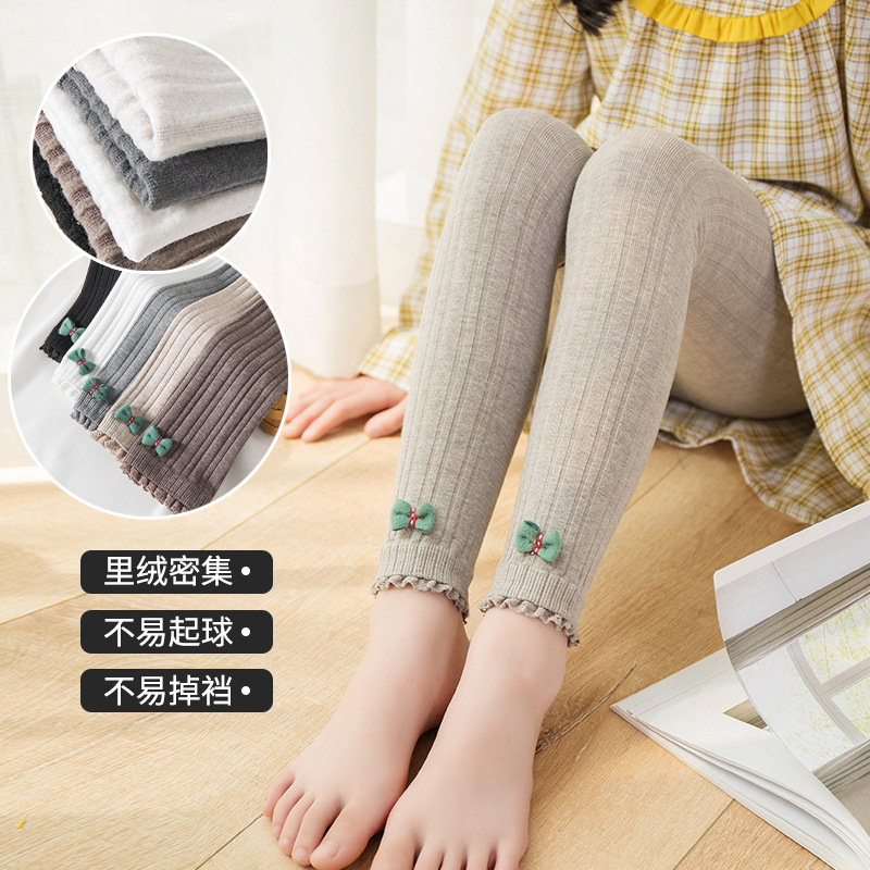 绿色蝴蝶结儿童打底裤外穿春秋女童加绒棉裤子冬季加厚保暖九分裤