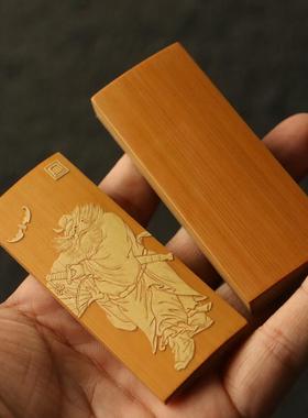 十几年老玉竹合青推盖东阳名家裘立刚本工精工留青雕刻牙签盒竹雕