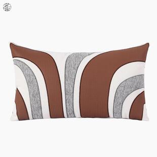新中式现代创意抱枕样板房别墅沙发靠垫褐色几何贴皮绣花腰枕靠枕