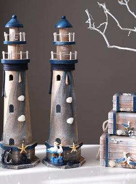 地中海风格灯塔木质做旧木塔海洋风组合灯塔摆件桌面复古装饰摆设