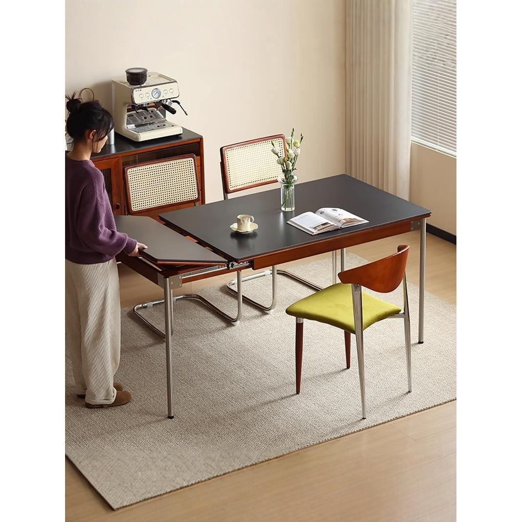 岩板餐桌中古风实木伸缩餐桌椅组合高端家用饭桌现代简约长方形桌