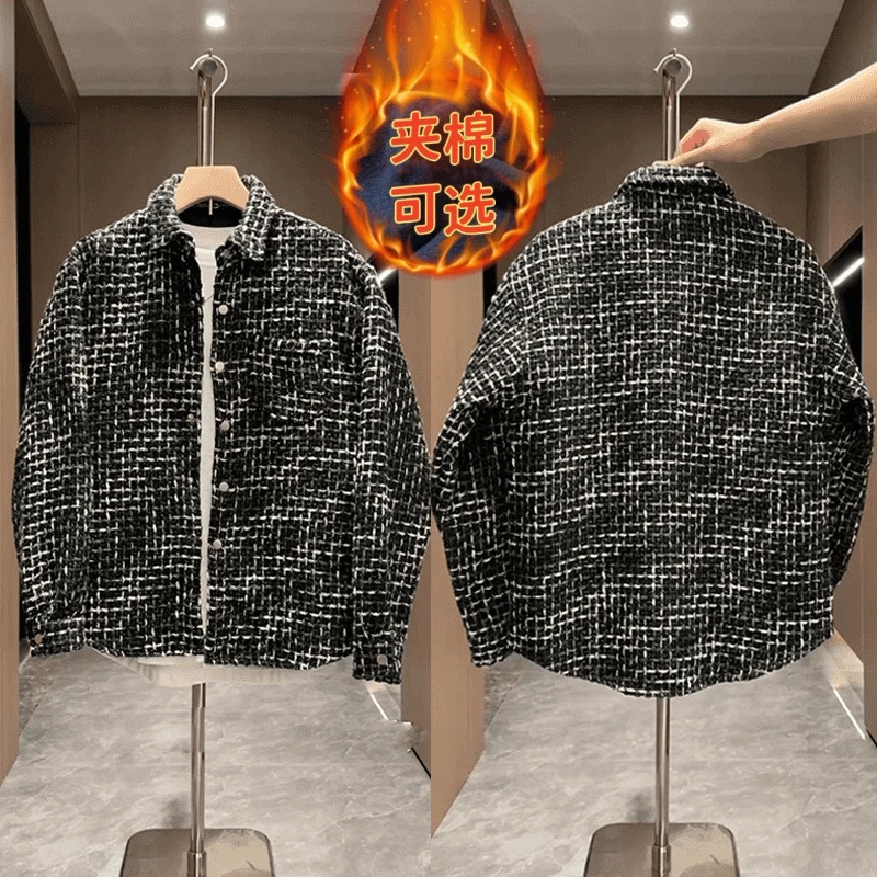 冬季新款复古粗花衬衫领棉衣外套