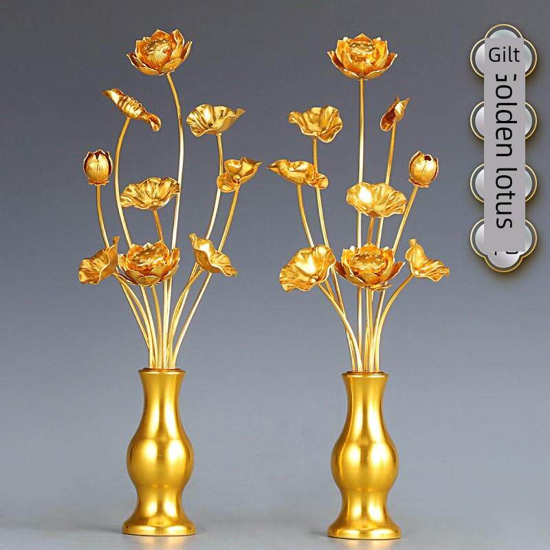 佛前供花全鎏金莲花佛堂装饰客厅金色荷花香案供花带花瓶供佛用品